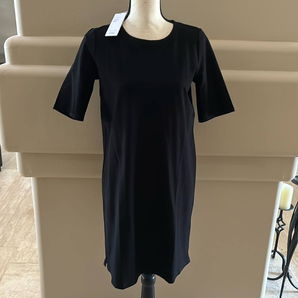 Eileen Fisher Black Washable Stretch Crepe Dress. Size XS. Side Zippers.